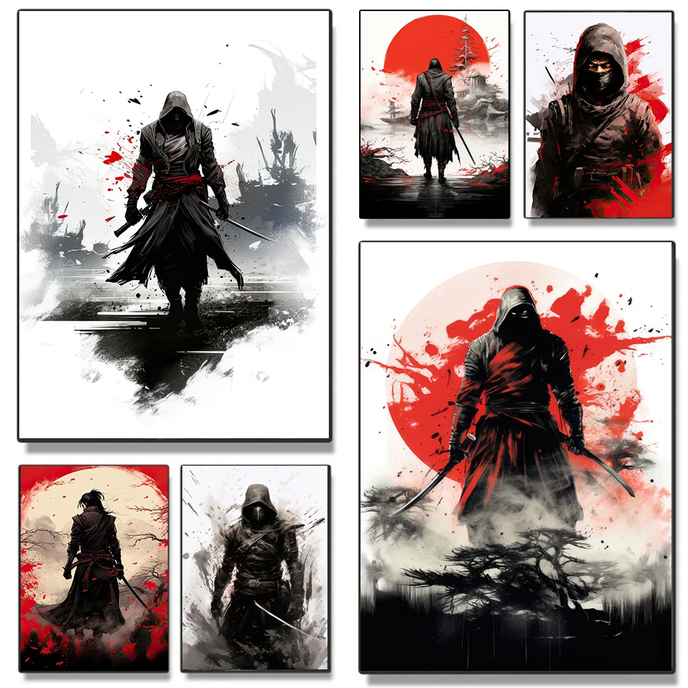 

Red Ninja Hood Bushido Samurai Ink Painting Sword Katana Assassin Canvas Painting Room Office Gift Wall Poster Prints Home Decor