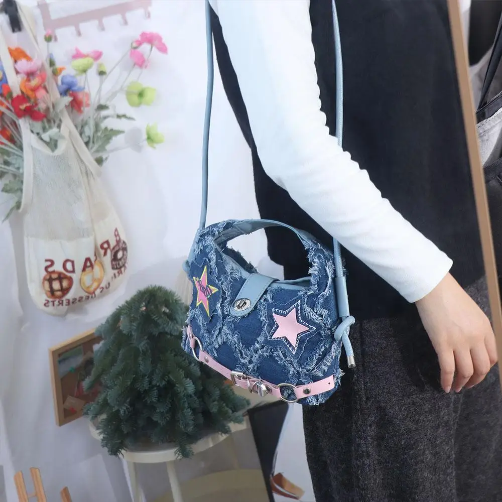 

Retro Y2K Pink Star Crossbody Bag Spice Girl Aesthetic Denim Handbag Korean Style All-match Underarm Shoulder Bag Outdoor