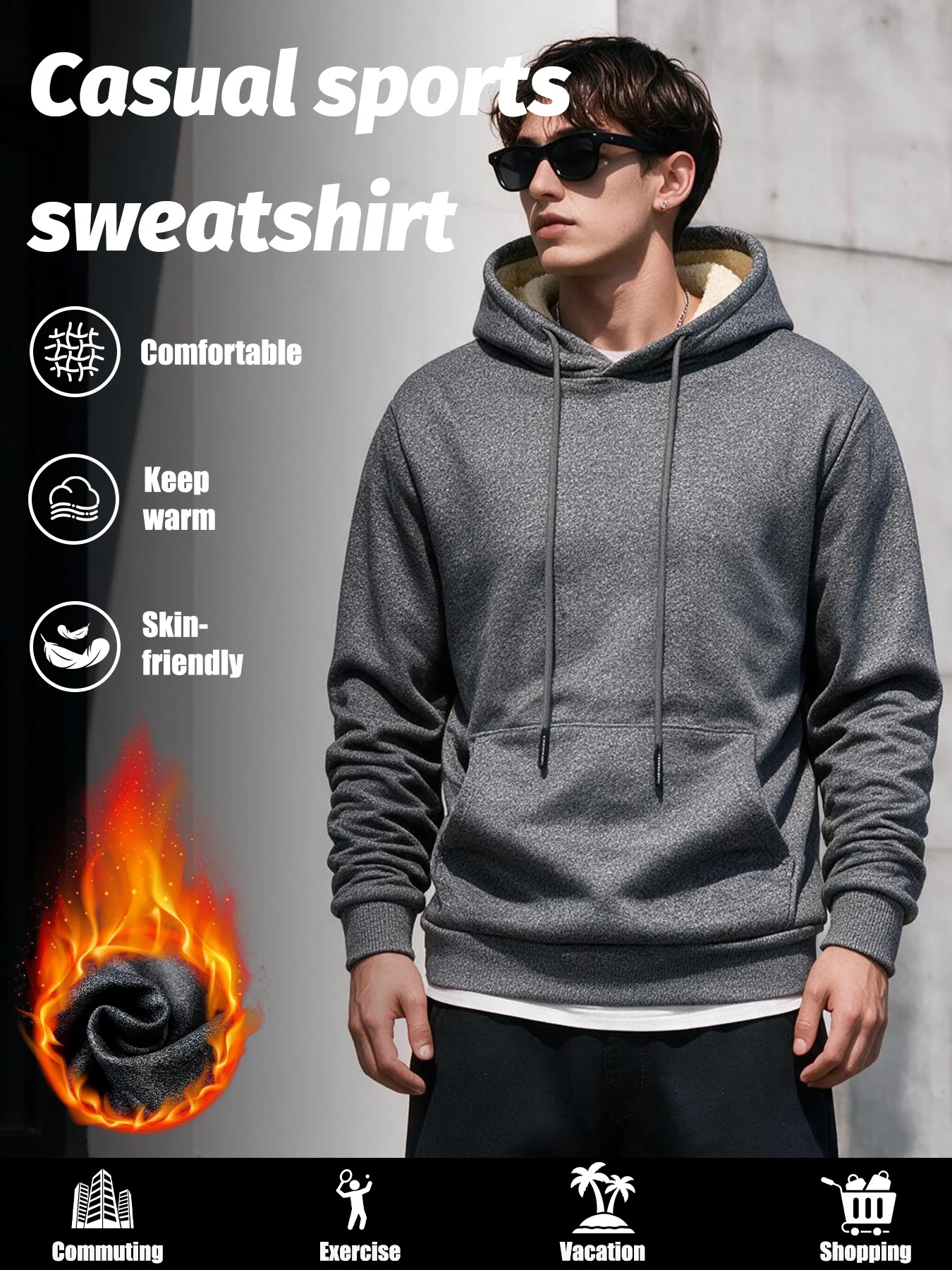 Men Winter Warm Hoodie Sherpa Lined Thick Fleece Sweatshirt Casual Sports Pullover for Commute Exercise Daily Wear
