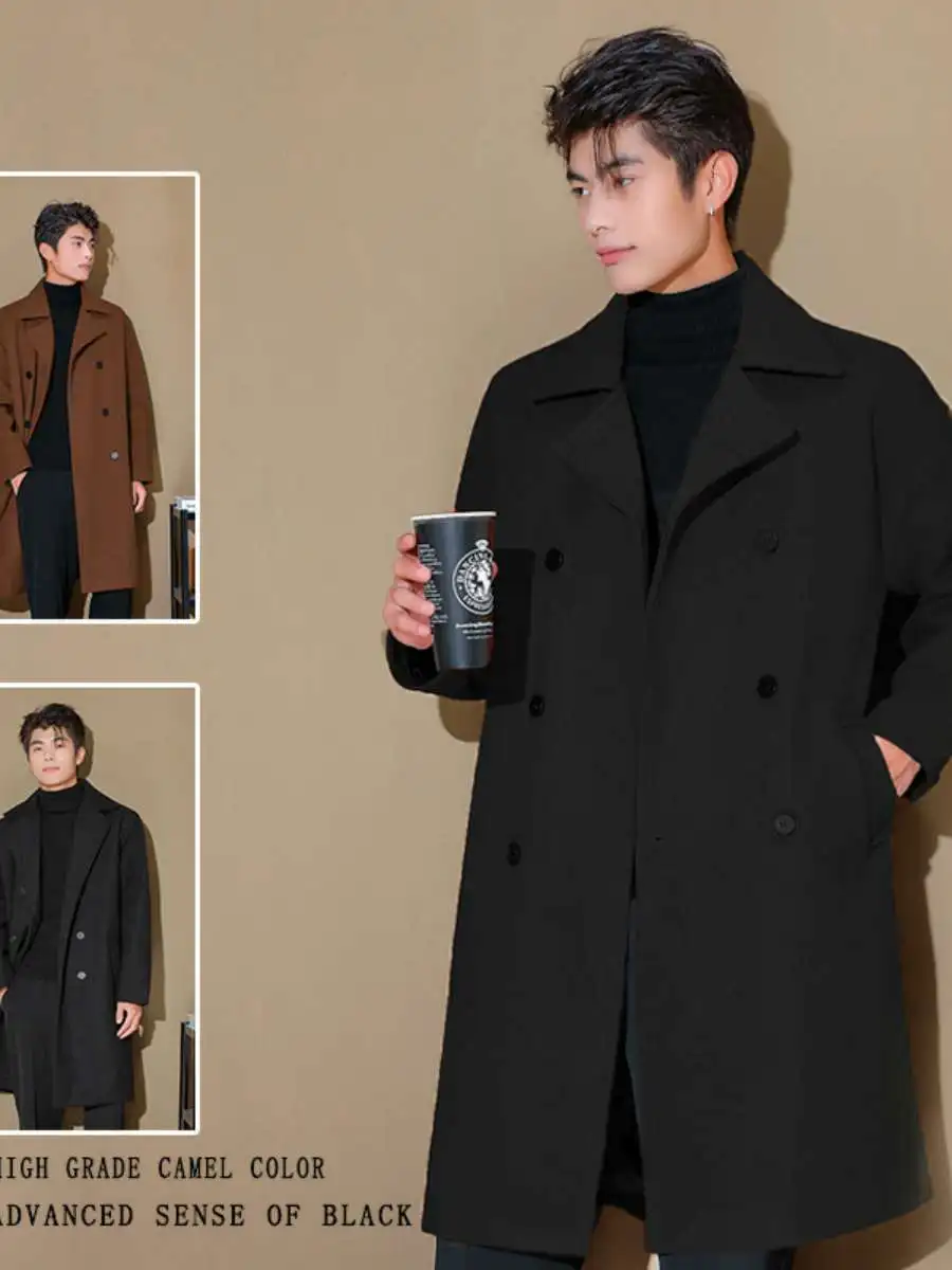 

Pure Color Men's Coat New Sle Woolen Coat Long Length Loose Fit Autumn Winter Double Breasted Thiened Cotton lin