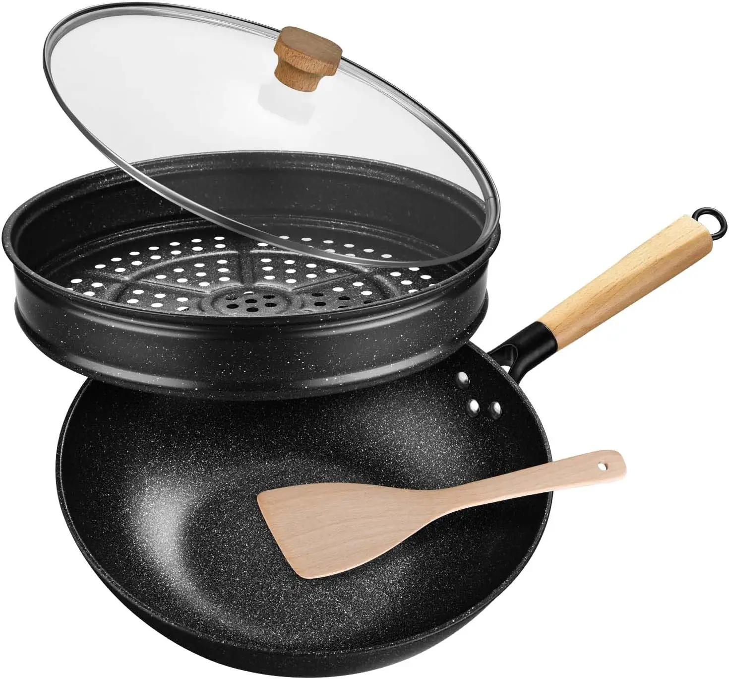 

12-Inch Non-Stick Flat Bottom Wok with Steamer Basket and Lid, Induction Compatible Cookware