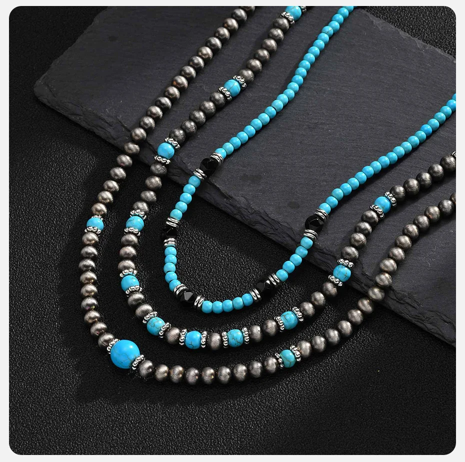 Vnox Herren-Halskette mit türkisfarbenen Perlen, verstellbare Kette im Bohemian-Stil, Punk-Hip-Hop-Schmuck, Geburtstagsparty-Geschenk für Ihn – Detail 5