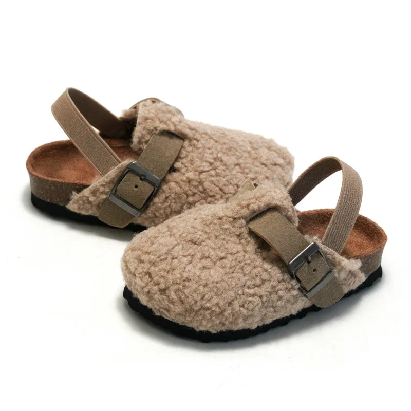 Child Baby Boys Girls Warm Fuzzy Slipper Plush Sandals Cork Faux Fur Flats Toddler Prewalker Slipper Elastic Back Strap