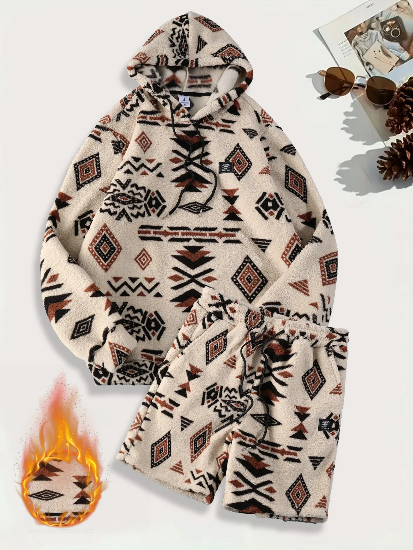 

Men's Autumn Winter Hooded Drawstring Bohemian Double-Sided Fleece Sweatshirt Shorts Set Warm Comfortable Casual Outfit