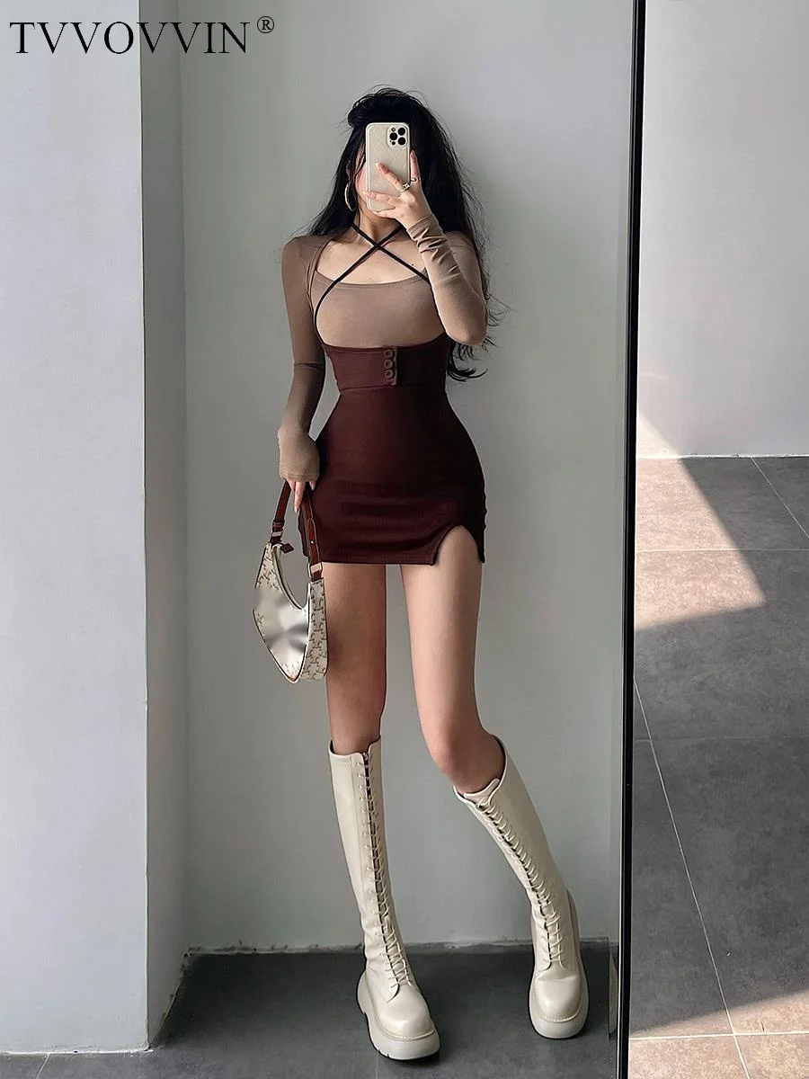 

TVVOVVIN 2023 Trend New Sexy Hot Girl Style Solid Color Waist Halter Mini Skirt Slim Side Slit Women's Clothing Spice Girls RZ57