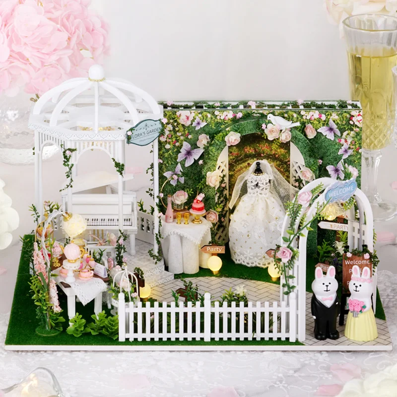 

New DIY Wooden Doll House Miniature Building Kits Wedding Day Dollhouse With Furniture Light Dolls Toys for Girls Birthday Gifts