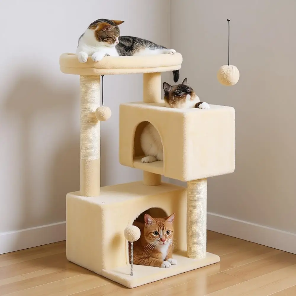

32 Cat Tree Tower with 2 Cozy Condos, Multi-Level Scratching Posts, Sisal, Sot Padded Perch, 2 Dangling Toys, Beige