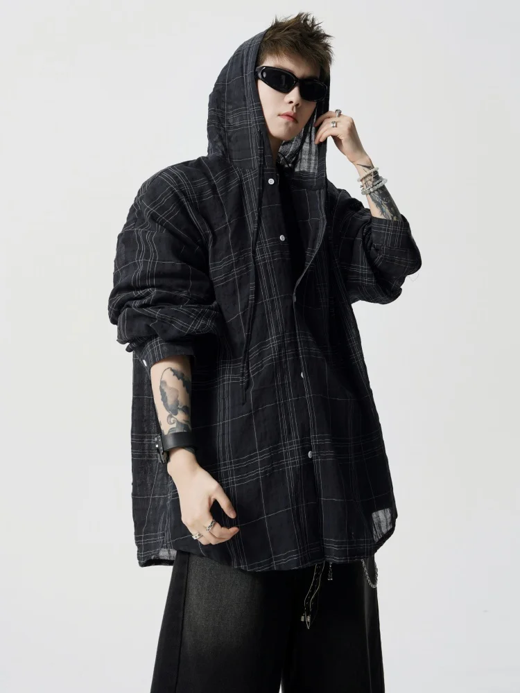 Cleanfit White Plaid Hooded Shirt Ice Silk Lightweight Loose Feel Summer Men Women Outerwear Breathable Sun Protection