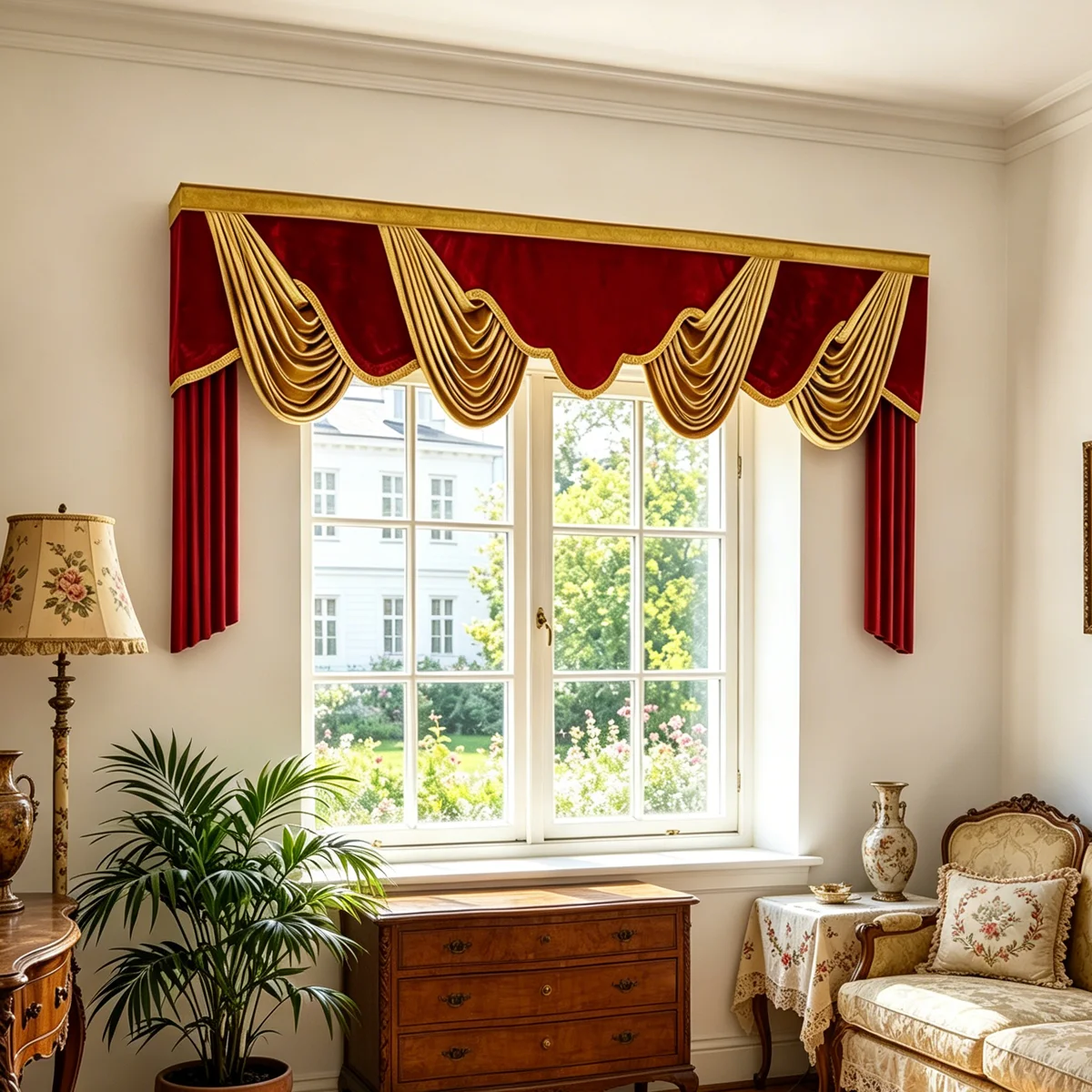 Two-Tone Red Gold Velvet Swag Valance with Side Panels, Luxury European Window Header for Living Room Bedroom Decor