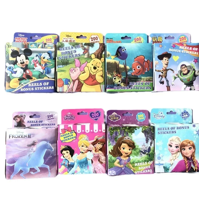 Autocollants Disney Frozen pour enfants, figurines d'anime, princesse Elsa McQueen, maternelle, cadeau d'autocollant de bonus, jouet de défilement de dessin animé, 200 pièces