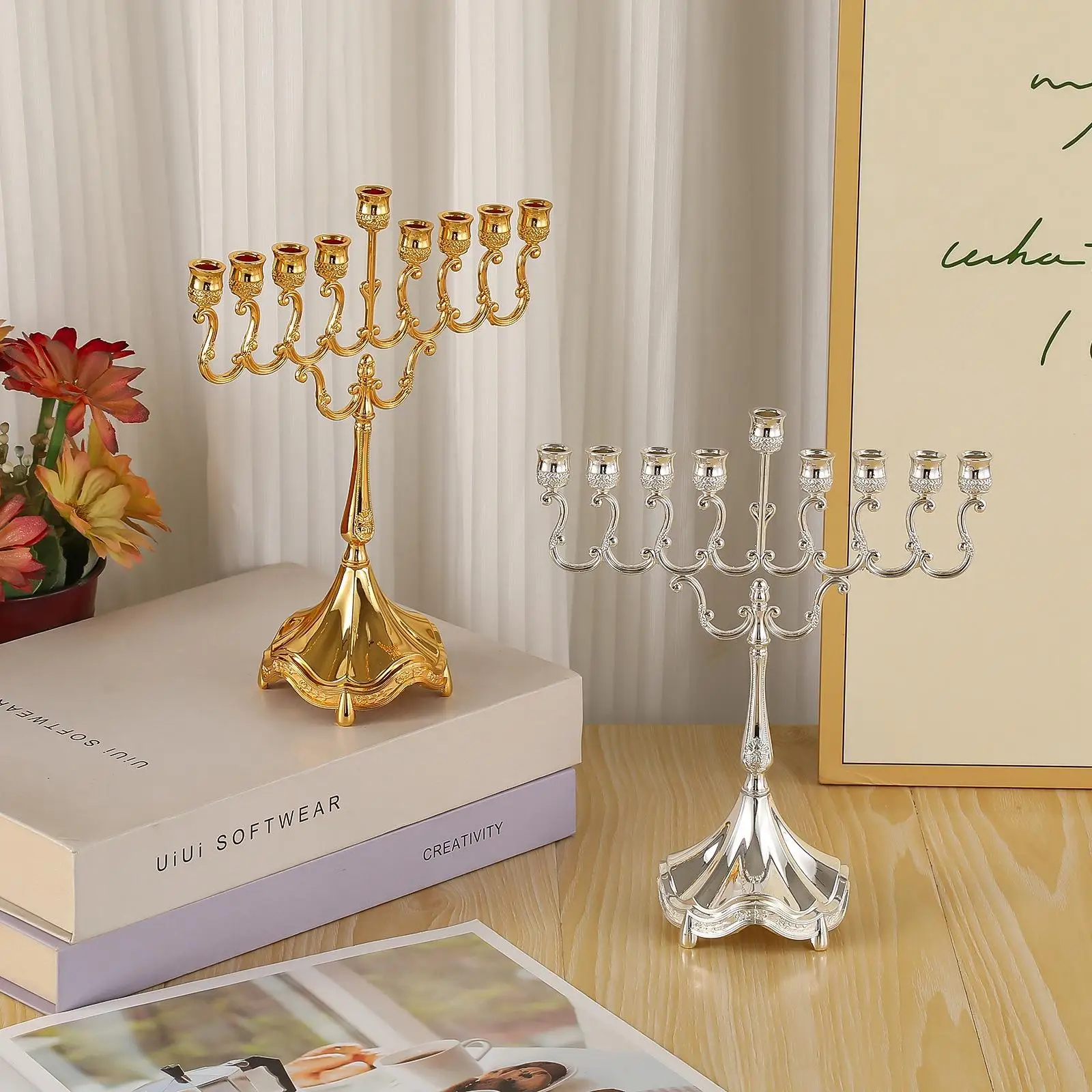 Hanukkah Menorah Candelabrum 9 Arms Supplies Metal Table Centerpiece Home Decor Candle Holder for Anniversary Party Christmas