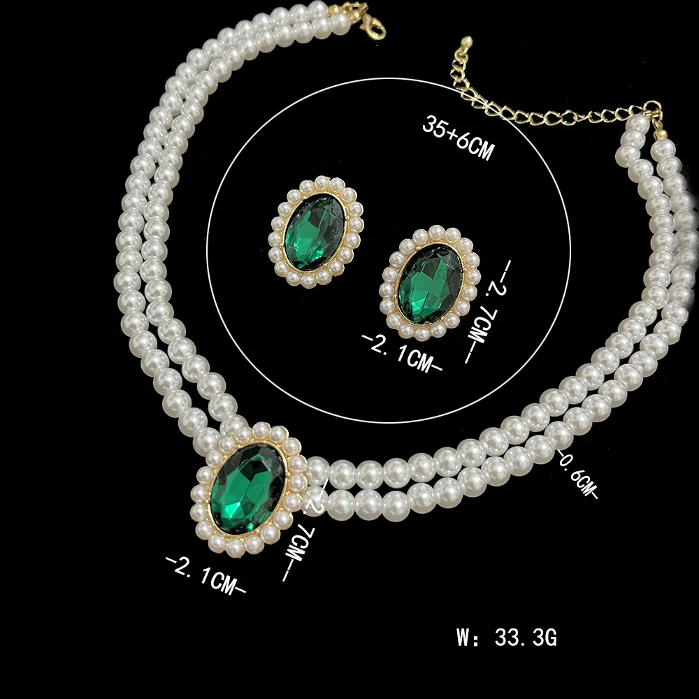 KMVEXO Vintage Imitation Pearl Necklace Earrings Jewelry Set for Women Emerald Crystal Choker Banquet Bridal Wedding Accessories