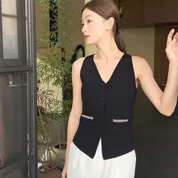 Viscose V-neck Knitted Women Vest 2024 Summer Minimalstyle High Street Waistcoat Women Top Good Quality Old Money Style