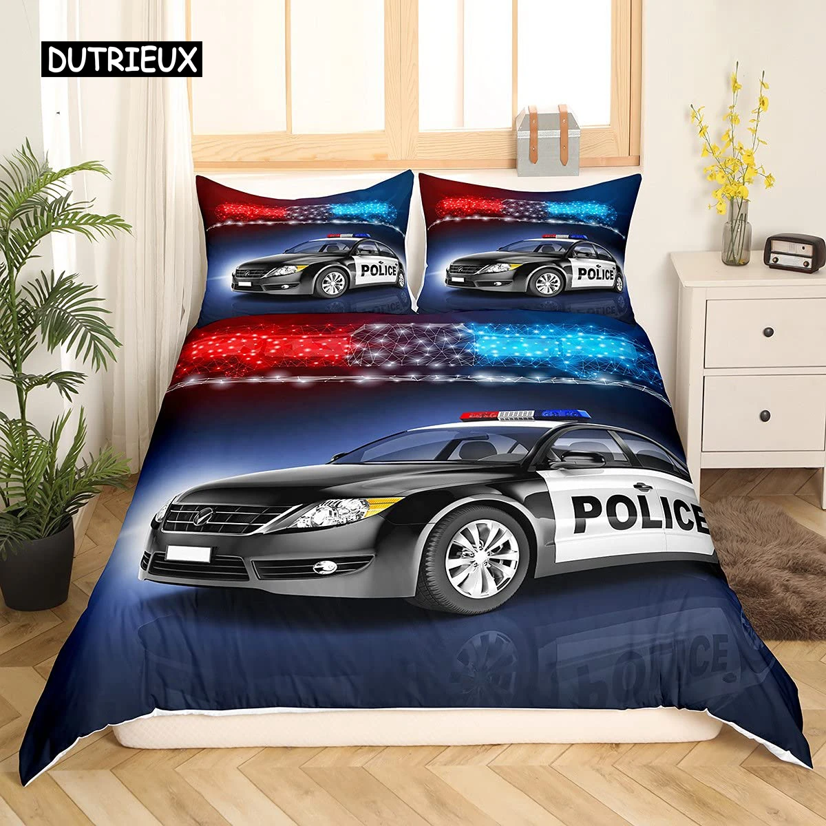 Policeman Car Duvet Cover Cartoon Police Car Bedding Set Boys Red Blue Cop Lights Polyester Queen King Quilt Cover Room Decor