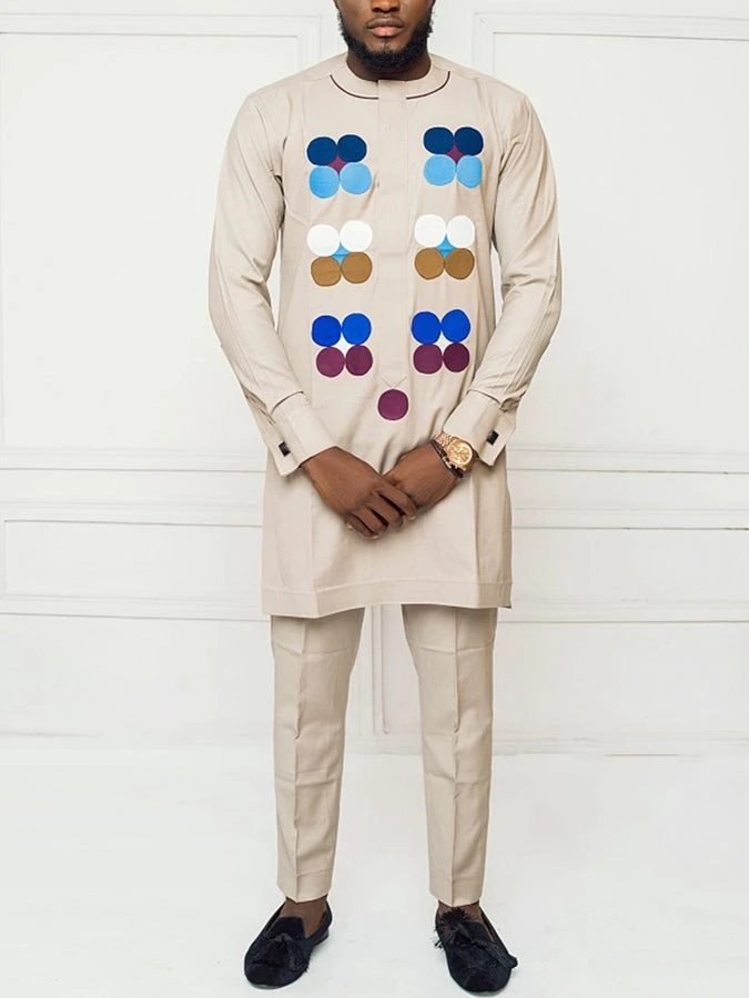 

Men's luxury khaki fashion casual geometric print two-piece set