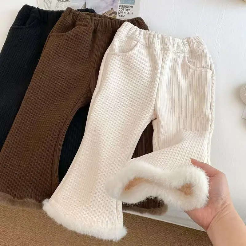 

2025 Girls' Winter Flare Pants Fleece-Lined White Bell Bottoms Toddler Cold Weather Trousers Soft Warm & Stylish Snow Day Outfit