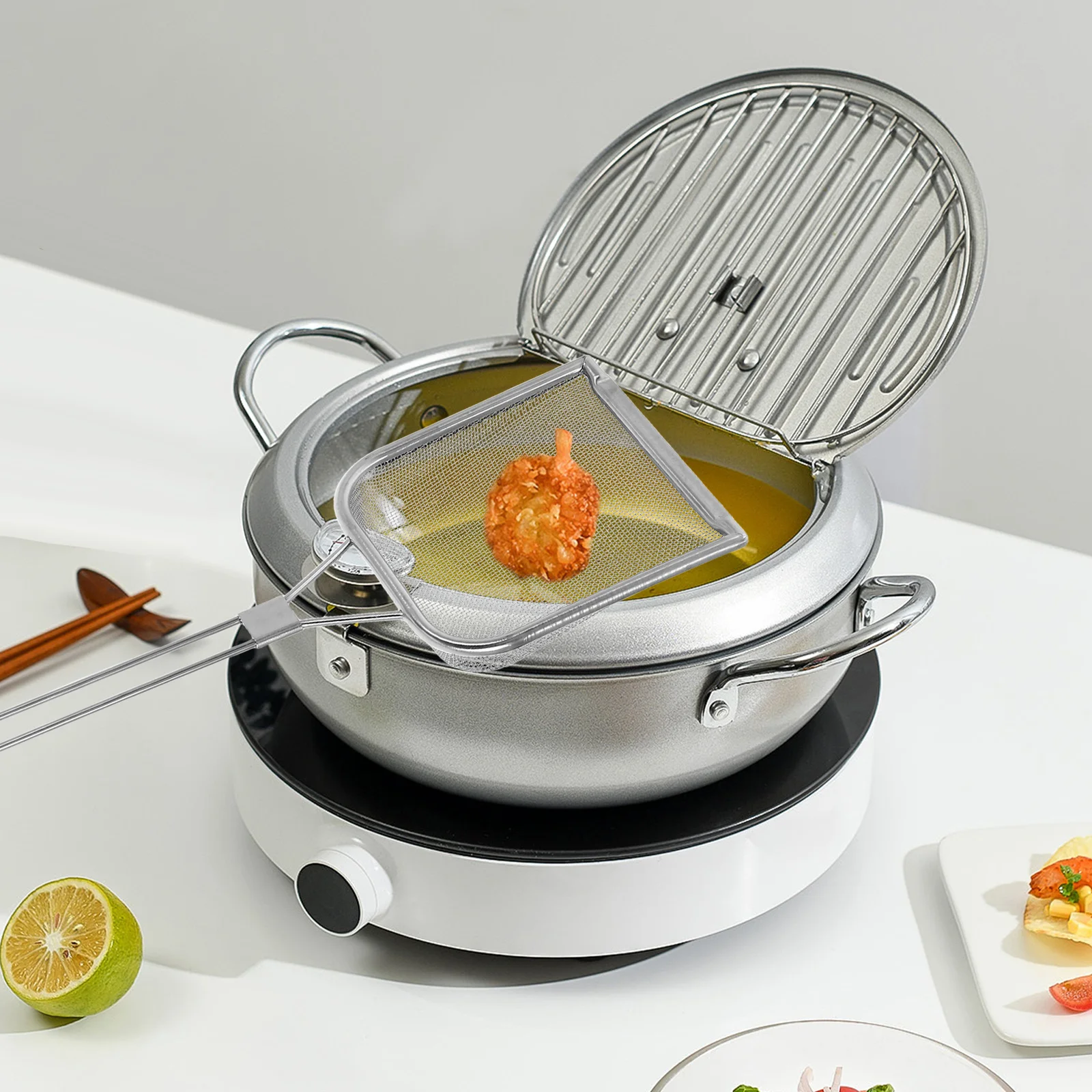 

Stainless Steel Fryer Scoop Square Mesh Filter Reusable Oil Separator Skimmer Long Handle for French Fries Chicken