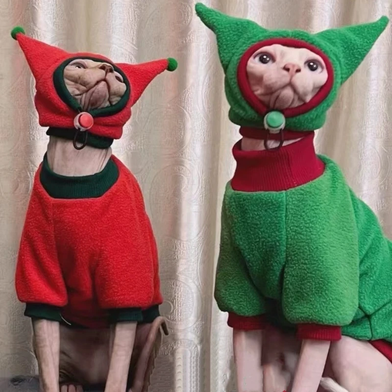 Christmas Coat Hat Suit for Cat Winter Warm Long Sleeves Fleece Jacket for Sphynx Cat Red Green Soft Sweatshirt Sweater for Dogs