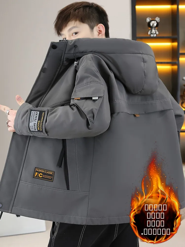 

Thiened Fce Autumn Winter Men's Workwear Jaet Hooded Zipper Closure Casual Outerwear for Youth Outdoor Activities