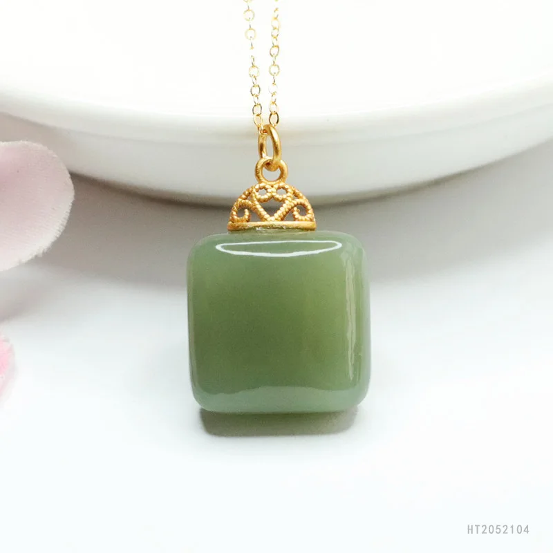 

S925 Silver Plaque Pendant Natural Hetian Jade Square Charm Peace Symbol HT2052104