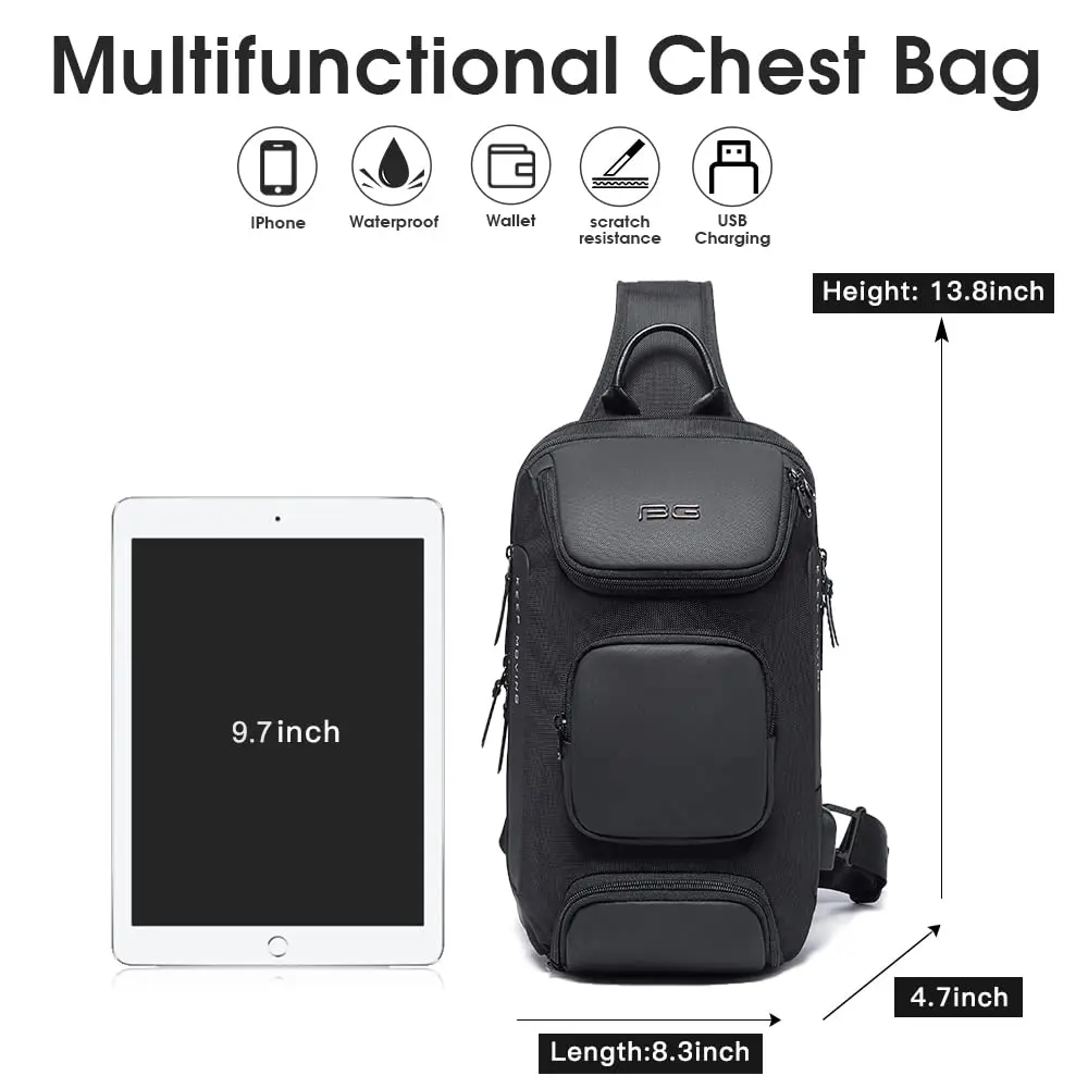 BANGE Men\'s Anti-theft Chest Bag Shoulder Strap USB Rechargeable Crossbody School Gym Pack, Men Sports Waterproof Shoulder Bag