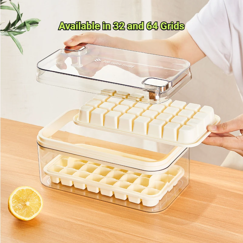 Ice Cube Tray Container with Lid and Scoop 32&64 Grids Press Type Large Capacity Sealed and Easy to Clean Whiskey Ice Cube Mold