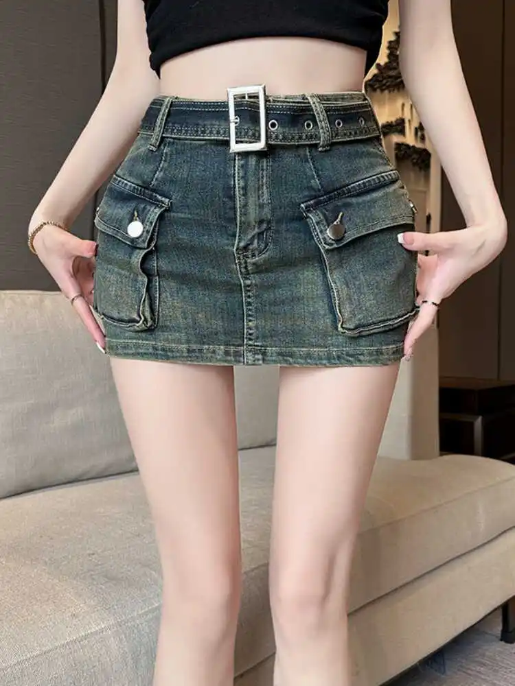 High Waist Denim Shorts Women's Slimming Lift Bottom Design A-Line Skirt Style Retro Spicy Girl Short Skirts Korean Version