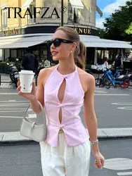 TRAFZA 2024 Summer Trendy Tank Women's Bow-trimmed Sleeveless O Neck Off-shoulder Causal Halterneck Solid Elegant Vest Tops