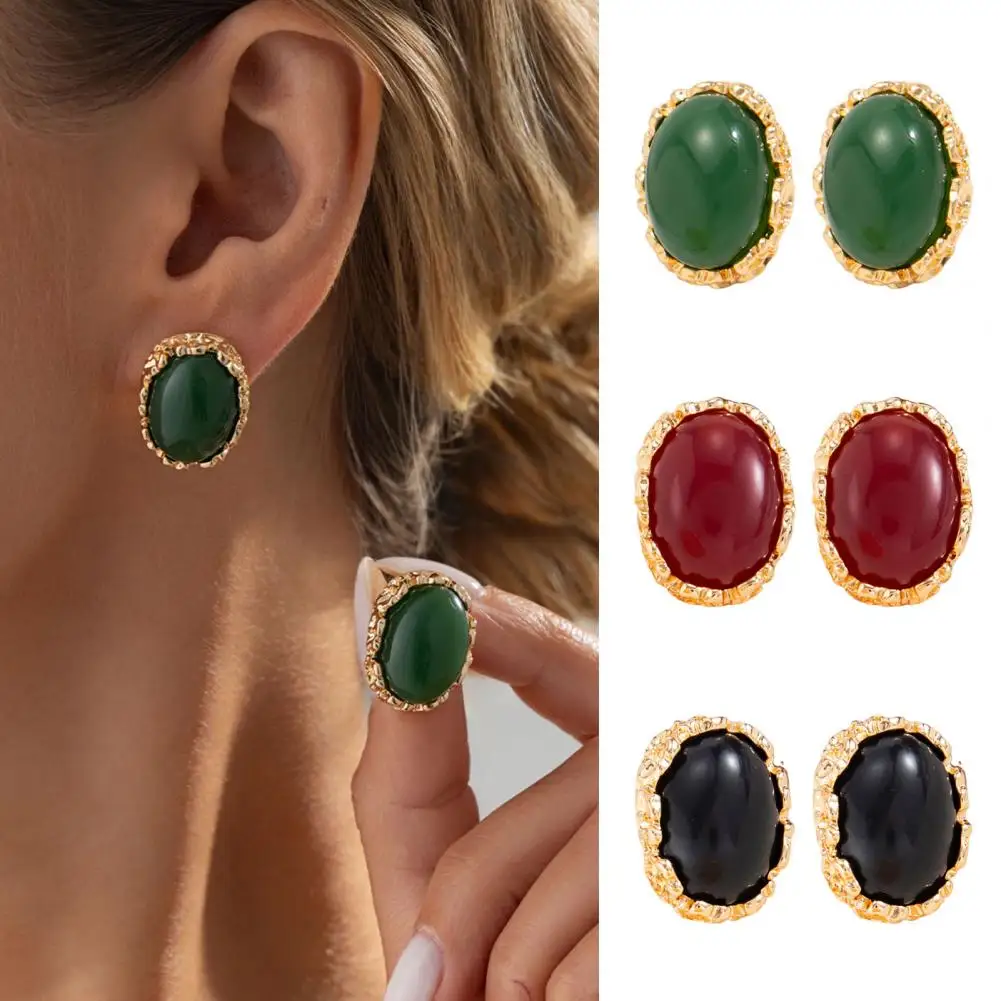 1 Pair Vintage Oval Stud Earrings for Women, Retro Statement Gemstone Earrings, Gold Frame Chunky Stone Jewelry for Daily, Party