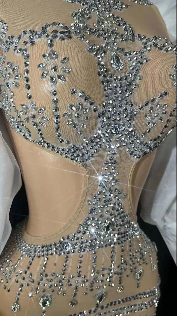 Funkelnde Strass steine Puff ärmel Mesh langes Kleid sexy rücken freie Abend party Konzert Geburtstags kleid Kleid Sänger Show Bühnen kleidung