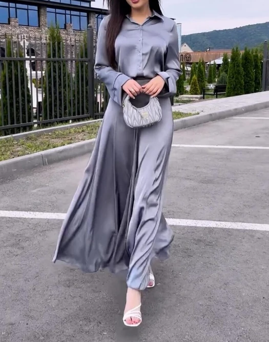 Soft Satin Fashion Temperament Long Sleeved Shirt High Waisted Skirt Two-Piece Set for Women 2024 Spring Summer Long Skirt Set