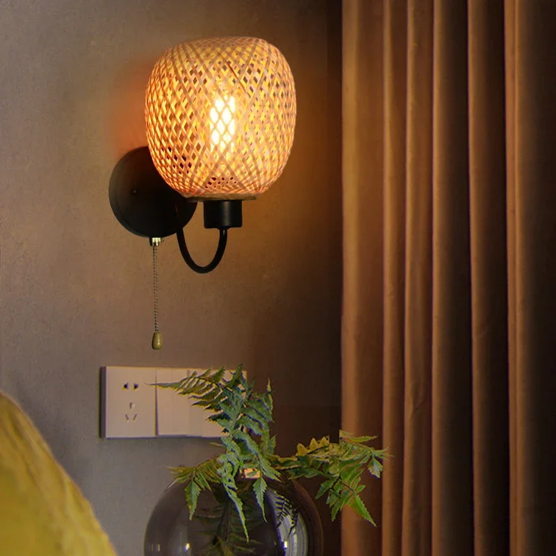 Rattan Bamboo Wall Sconce Light Fixture Vintage Wall Lamp Lighting Bedside Retro Lamp Industrial Decor Dining Room Bedroom