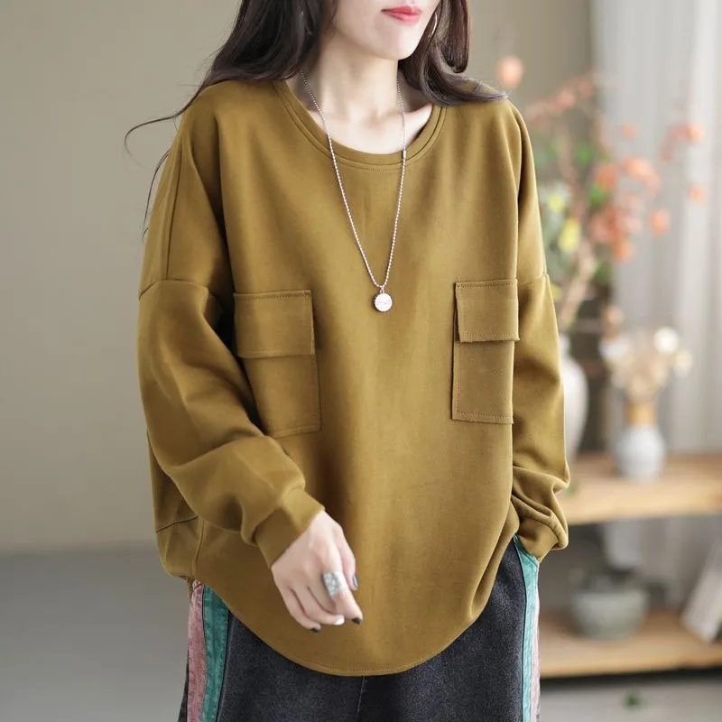 Spring and Autumn Fashion Trend Lazy Patchwork Pocket Round Neck Large Loose Versatile Simple Casual Women\'s Long Sleeve Sweater