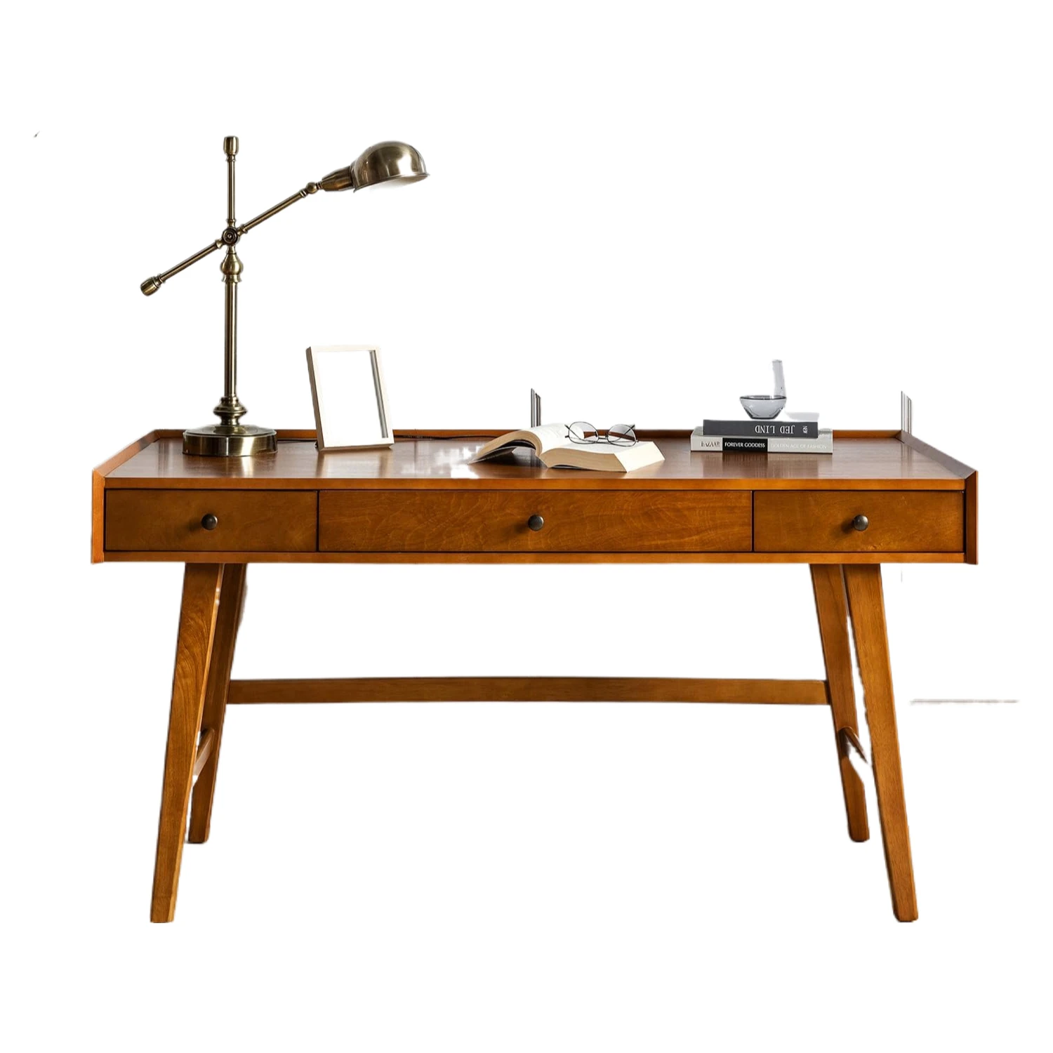 Table d'écriture avec station de charge et gestion des câbles, bureau moderne du milieu du siècle, bureau à domicile avec 3 portes et pieds en bois massif