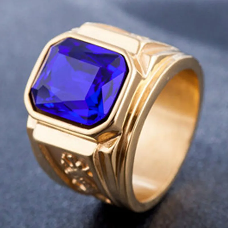 European and American Simple Zircon Inlaid Emerald Big Gem Alloy Ring Men\'s Multi-color Diamond Wedding Men\'s Jewelry Ring