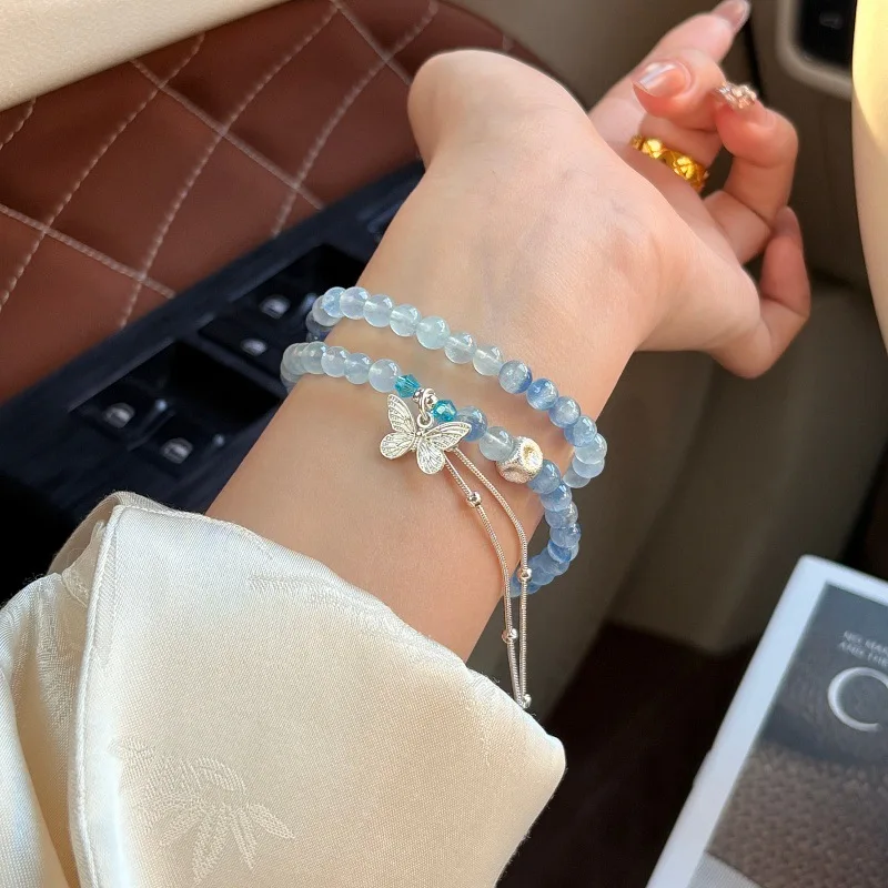 2026 Natural Blue Kyanite Aquamarine Crystal Double Layer Bracelet for Women Blue Butterfly Elegant Blue Series Fashion Jewelry
