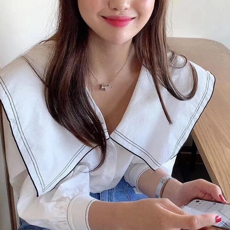 

Chic Vintage Navy Collar Long Sve Loose Fit irt Color Blo Design Single Button Women's Sweet Sle Casual Top