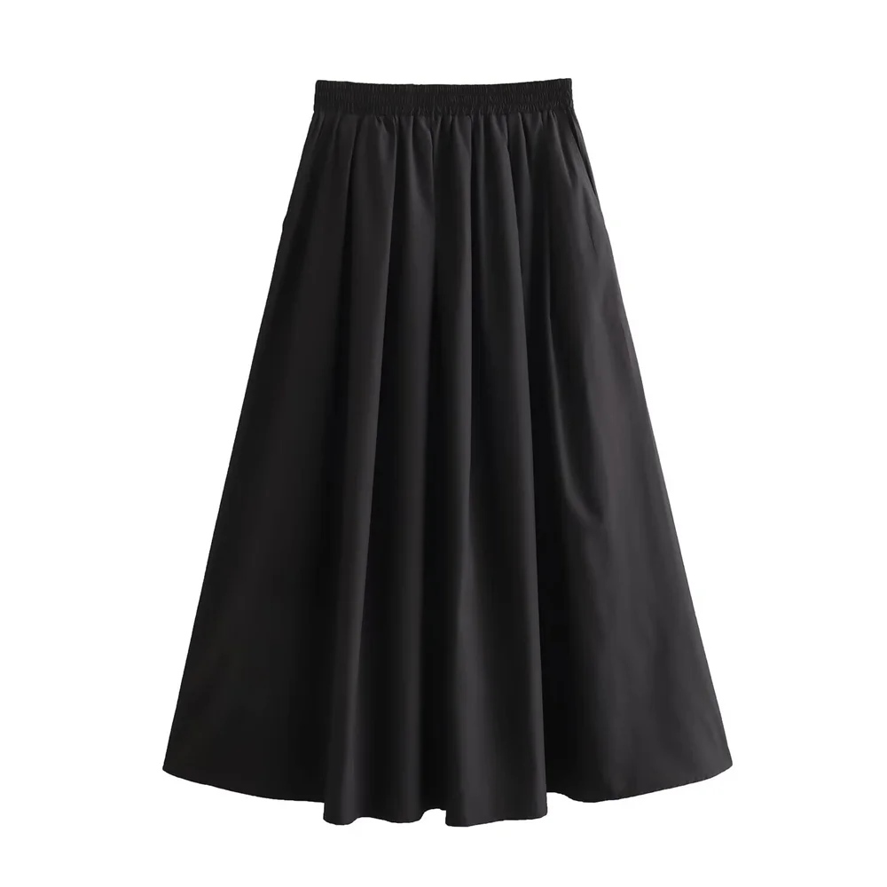 Taop&Za 2024 Women's temperament versatile loose and casual solid color high waisted skirt, medium length A-line skirt