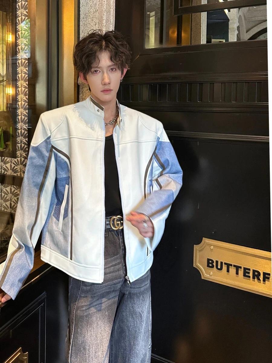 

Autumn Winter Men's Loose Fit Stand Collar Leather Jaet Denim Patchwork Racing Suit Trendy Outerwear Casual Long Sve Zipper
