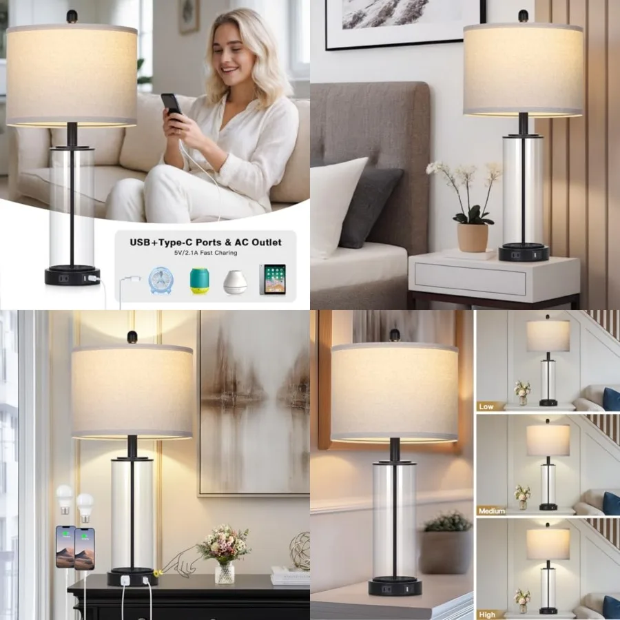 

26" Glass Table Lamp Single, 3-Way Dimmable Touch Control Living Room Lamp with USB C+A Ports and AC Outlet, Modern Bedside Lam