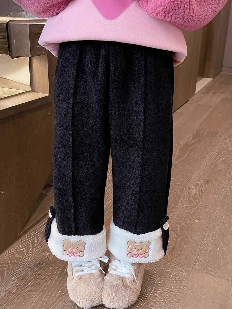 Girls' Fleece Pants 2024 Autumn and Winter New Fashion Winter Thick Pants Baby Winter Integrated Fleece Wide-leg Pants