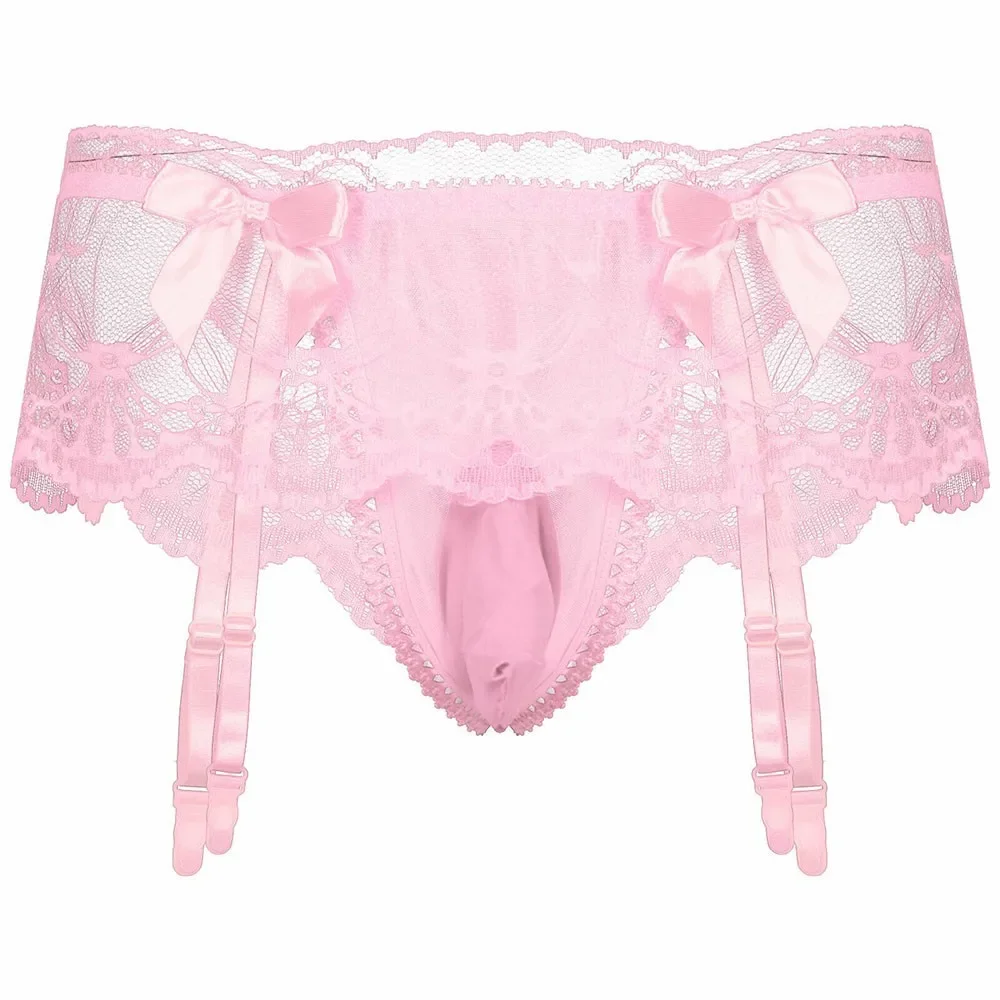 Mens Sissy Sexy Lingerie Hollow Erotic Panties Solid Underwear Man See Through Thong Lace Comfortable Briefs With Garter Sexy