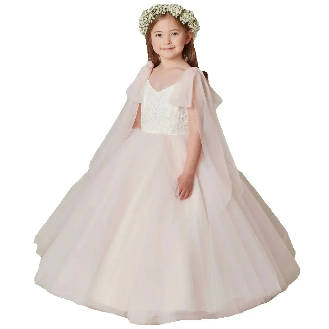 Maßgeschneidertes rosa Blumenmädchenkleid mit weißen Blumenapplikationen und Schleife an der Schulter für Hochzeit, Geburtstag, Abschlussball, Festzug, Heilige Kommunion