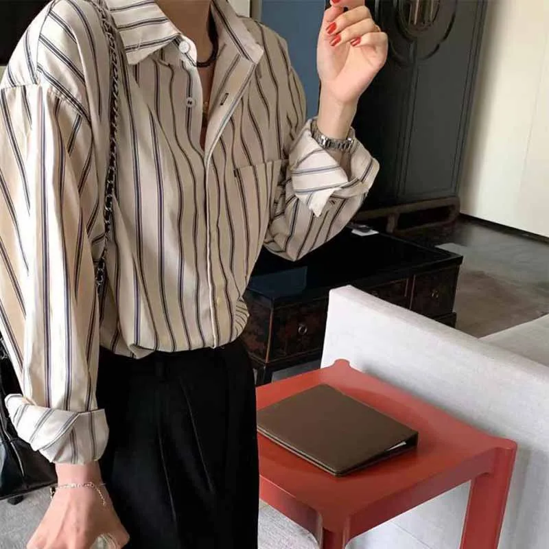 Korean Style Spring Autumn Women\'s Shirts Casual Coat Striped Thin Long Sleeves Design Sense Loose Coat