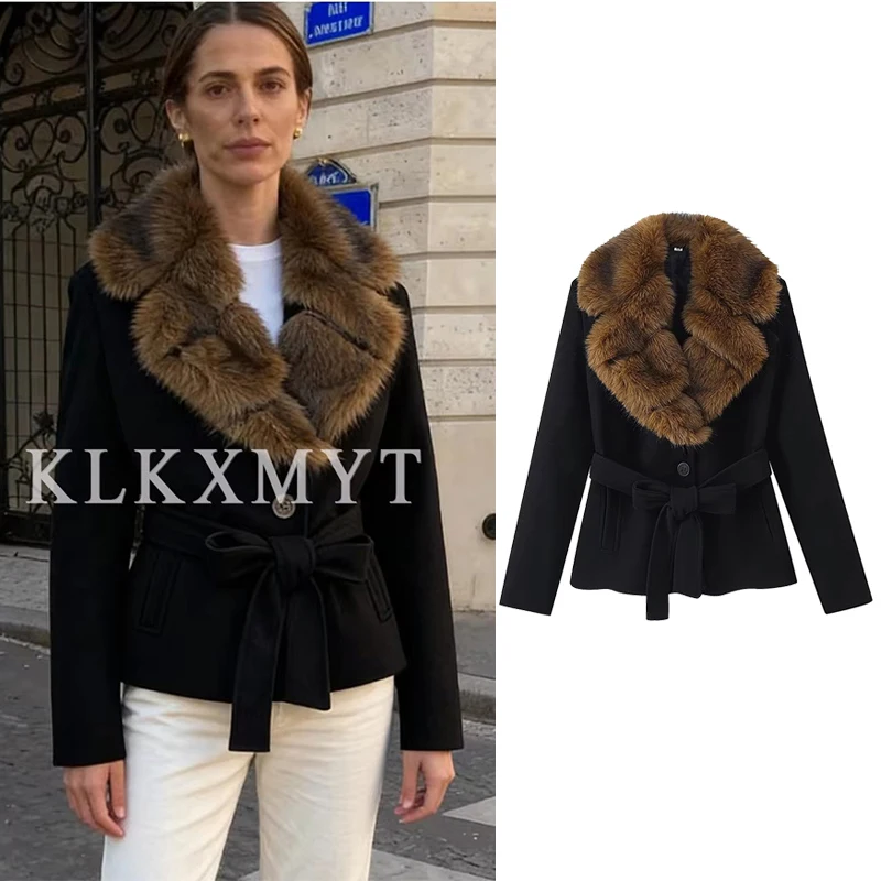 

Women Leisure Leisure Jacket 2025 Fall Winter New Solid Color Long Sleeve Fur Collar With Belt Coat Female Chic Loose Outerwear