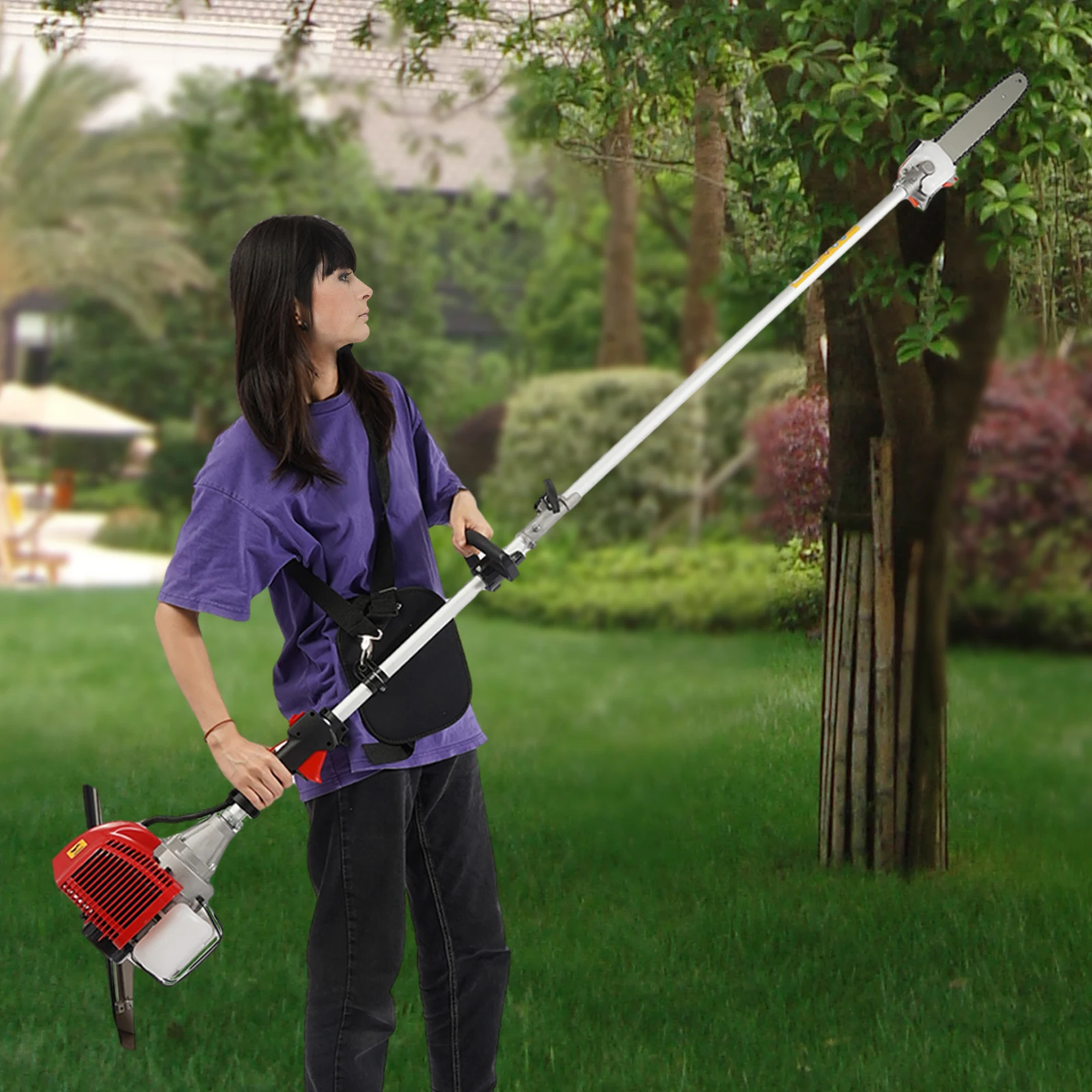 Красная цепная пила с длинной обрезкой, телескопическая стойка 7,87-11,48 фута, 2-тактный двигатель мощностью 1,25 кВт, 12-дюймовая цепь из марганцевой стали для обрезки деревьев