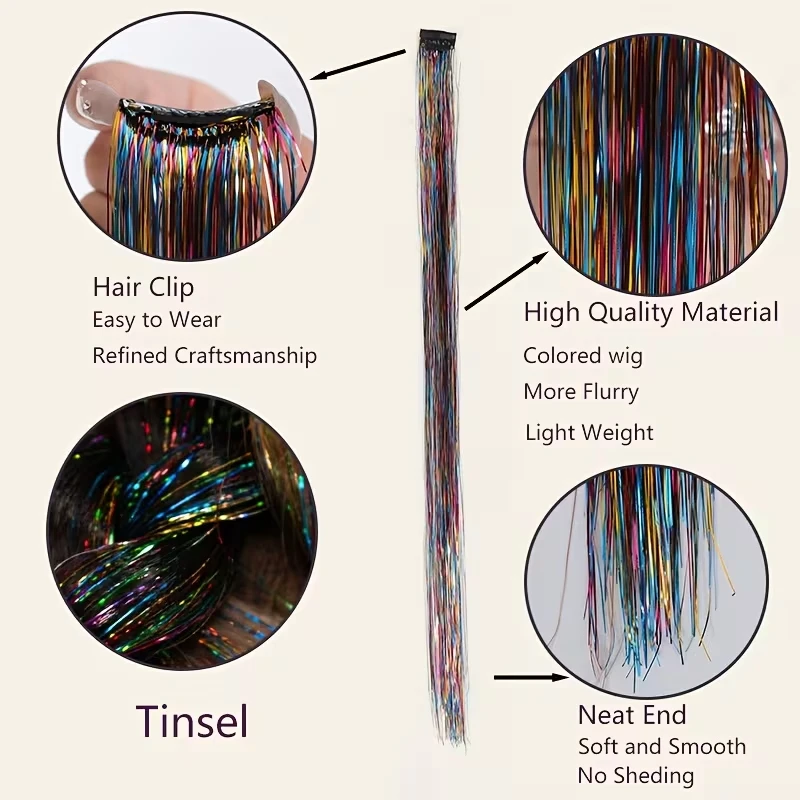 Extensiones de Cabello Sintético Tinsel Arcoíris Clip In Brillante Glitter Postizo para Mujeres Fiesta Cosplay DIY Accesorio de Cabello 4