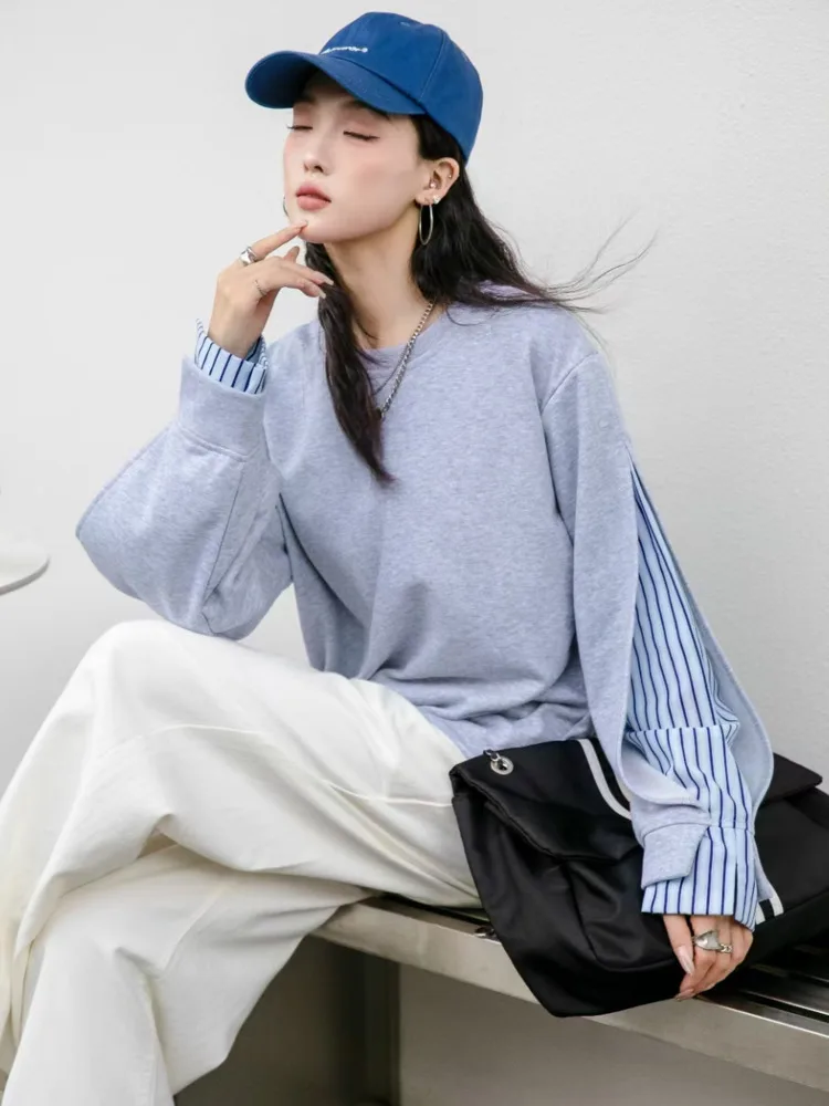 [EWQ] Fake 2 Piece Long Sleeve Striped Patchwork Sweatshirt Fashion All-match Loose Women Pullover Tops 2024 Autumn New 16O1846