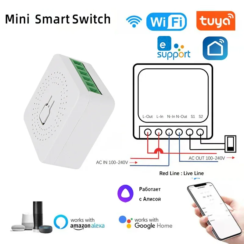 Wifi Mini Smart Switch 16A DIY Light Switches 2 Way Wireless Smart Home with Tuya Smart Life EweLink Alexa Alice Google Home