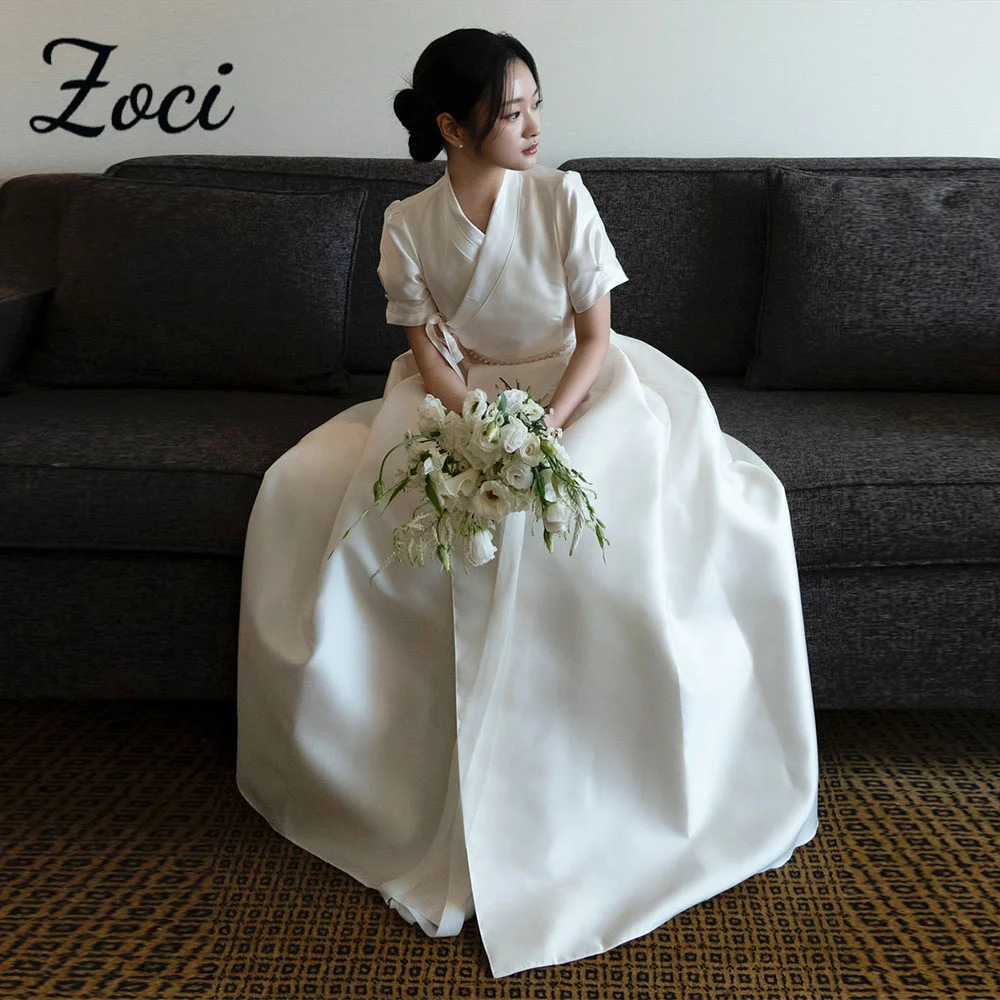 

Zoci Satin A-line Wedding Dresses V-Neck Short Sleeves Elegant Bridal Gown Simple Korea Photo Shoot Dress for Bride Custom Made